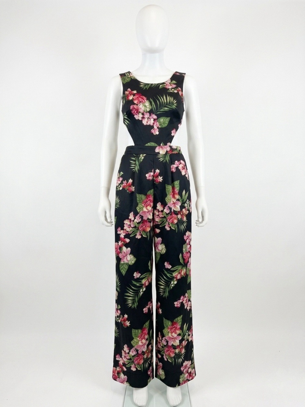Floral Tropical Cut Out Open Back Jumpsuit in Black with Pink Bloom Size Small
